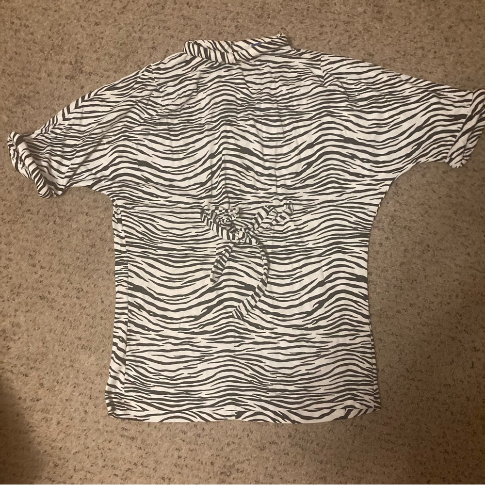 Vintage 80s tie front zebra print tunic shirt padded neckline short sleeves